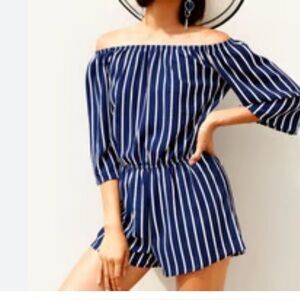 Ambiance Navy & White Nautical Striped Off-Shoulder Romper, Size Small